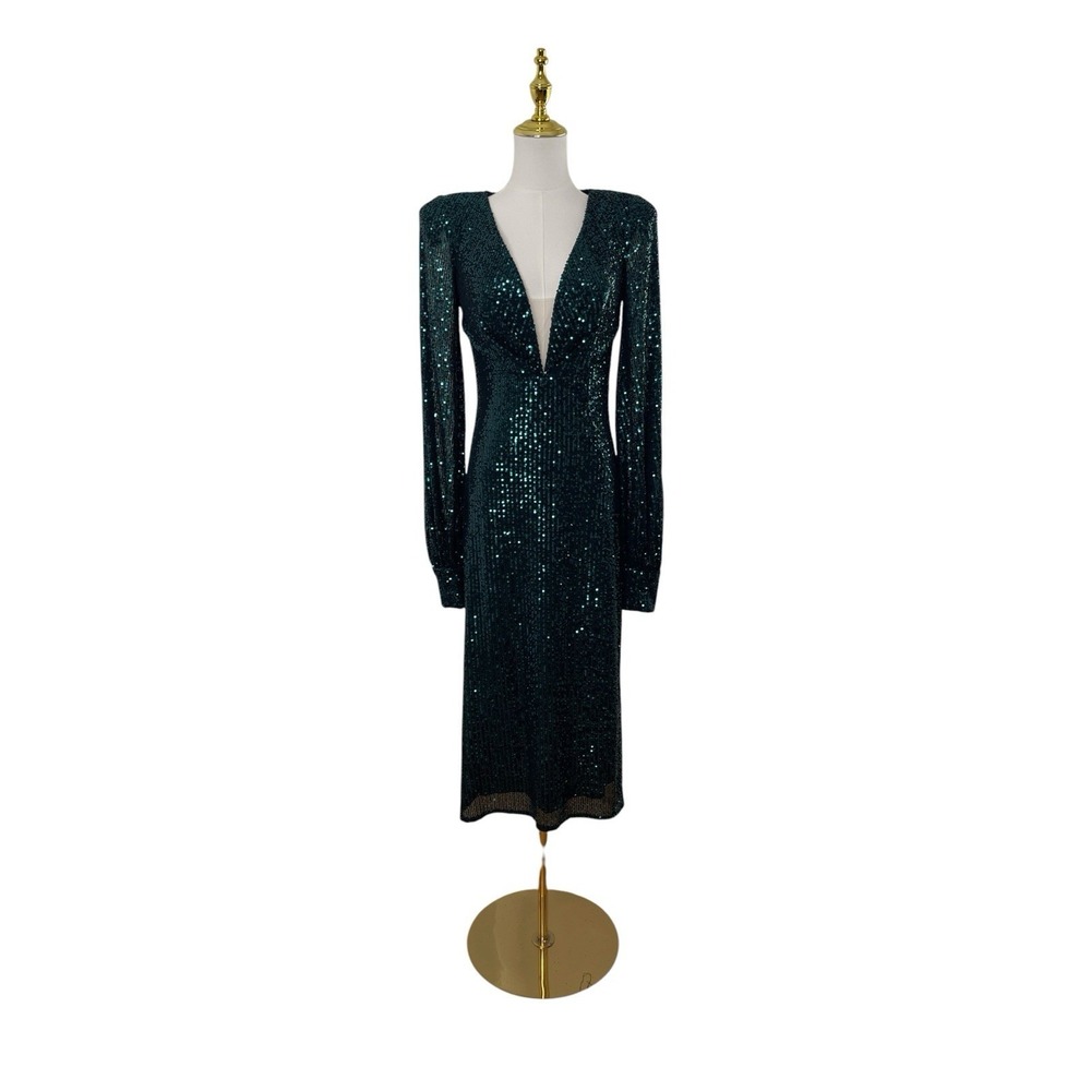 Mac Duggal 26866 Emerald Green Sequin Long Sleeve Plunge Midi Dress Size 6 $398 - Picture 3 of 7